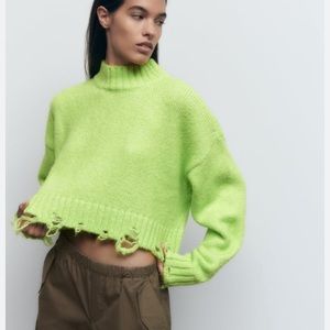 NWT Zara Ripped Cropped Neon Green Sweater L